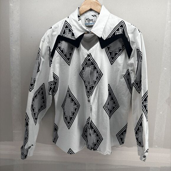 Vintage Roper Rodeo Blue Womens Size Large Black White Aztec Southwestern Shirt - Picture 1 of 6